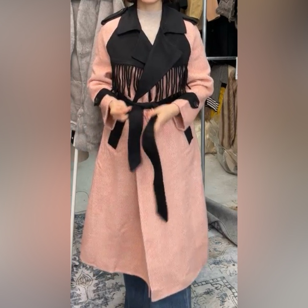 Stylish Pink and Black Women's Coat Real Wool